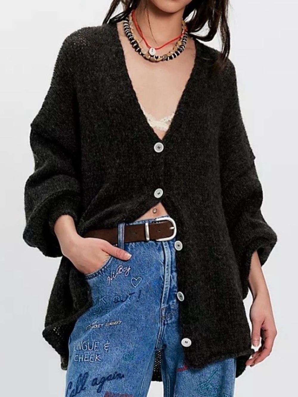 NEW Size Medium Free People Marina SoftSpun Black Knit Alpaca Cardigan Sweater